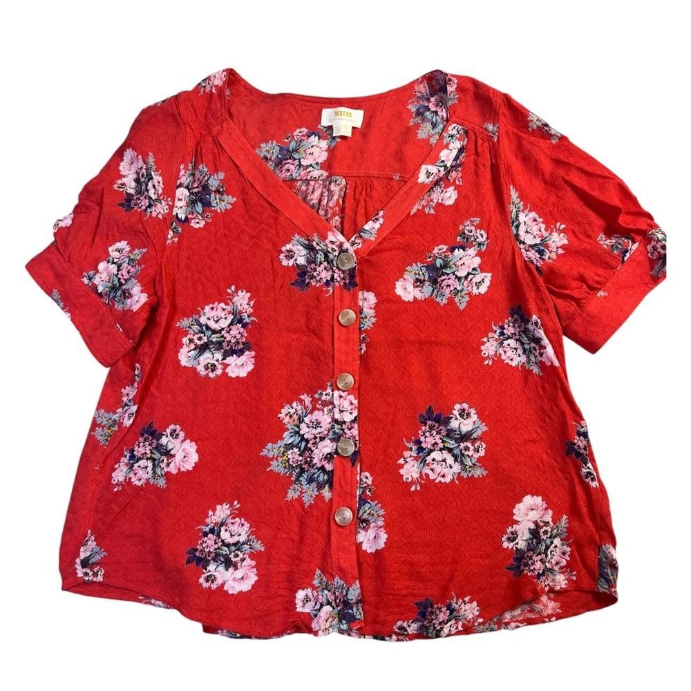 Anthropologie Maeve Hansley Orange Floral V Neck Boho Top Womens sz 10 Summer